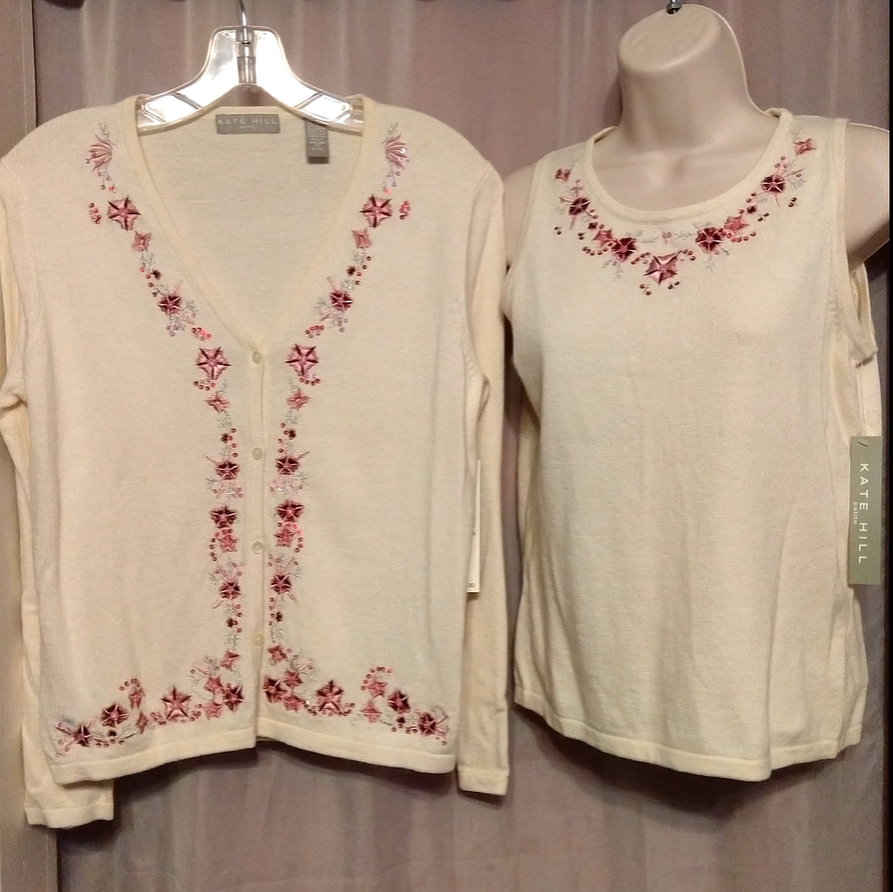 Kate Hill Petite Bejeweled Cardigan & Tank NWT P/S